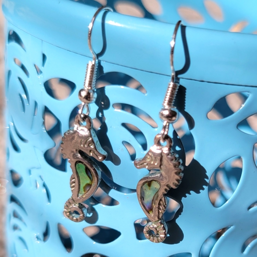 Cute Abalone Seahorse Silver Earrings Seahorse Earrings Silver Dangle Earrings - Picture 4 of 9